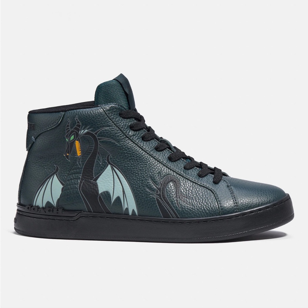 Coach x Disney Clip High Top Sneaker with Maleficent Dragon Motif in Pine Green - Picture 2 of 7